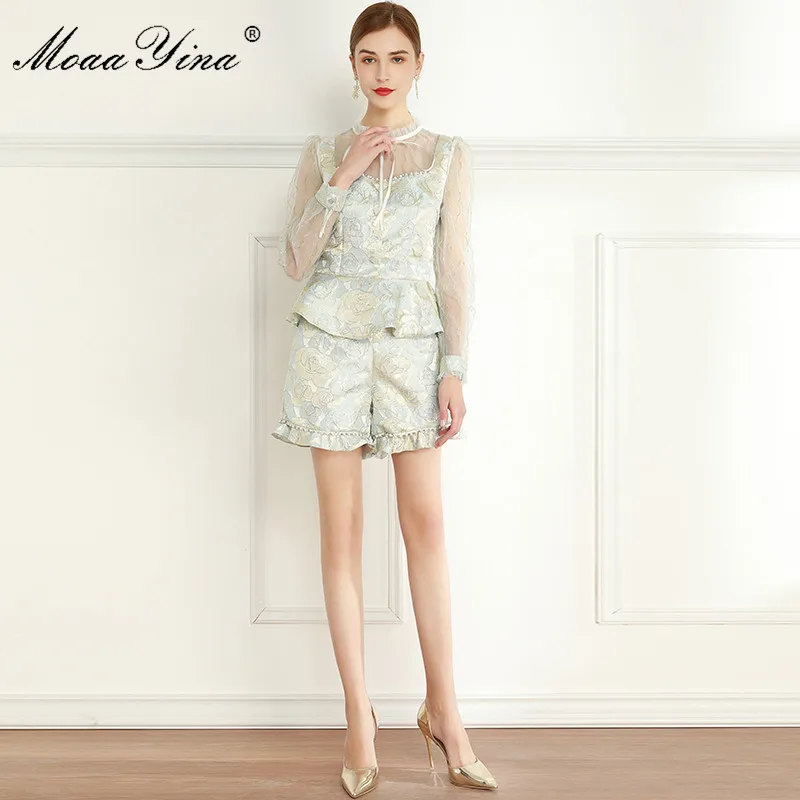 

MoaaYina Fashion Set Spring Women's Long sleeve Ruffles Blouses Tops+Beaded Jacquard shorts Two-piece set