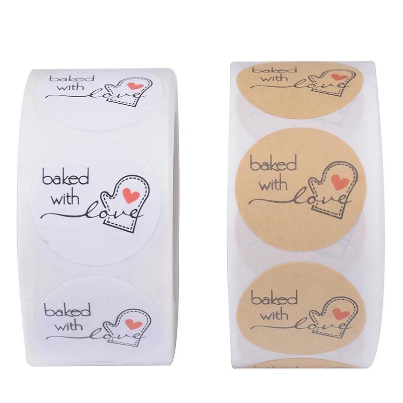 

500PCS/Lot Stickers Paper Stationery School Supply 1 Inch Round Kraft Paper Thank You Hand Made With Love With Red Heart