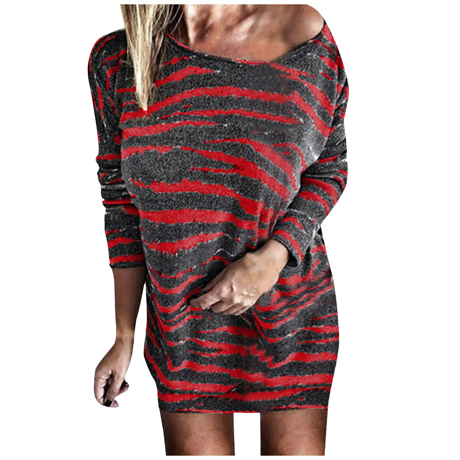 

New Womens Dress Plus Size O-neck Stripe Printing Long Sleeves Easy Dress 2020 New Fashion Dress Womens Fashion Clothing