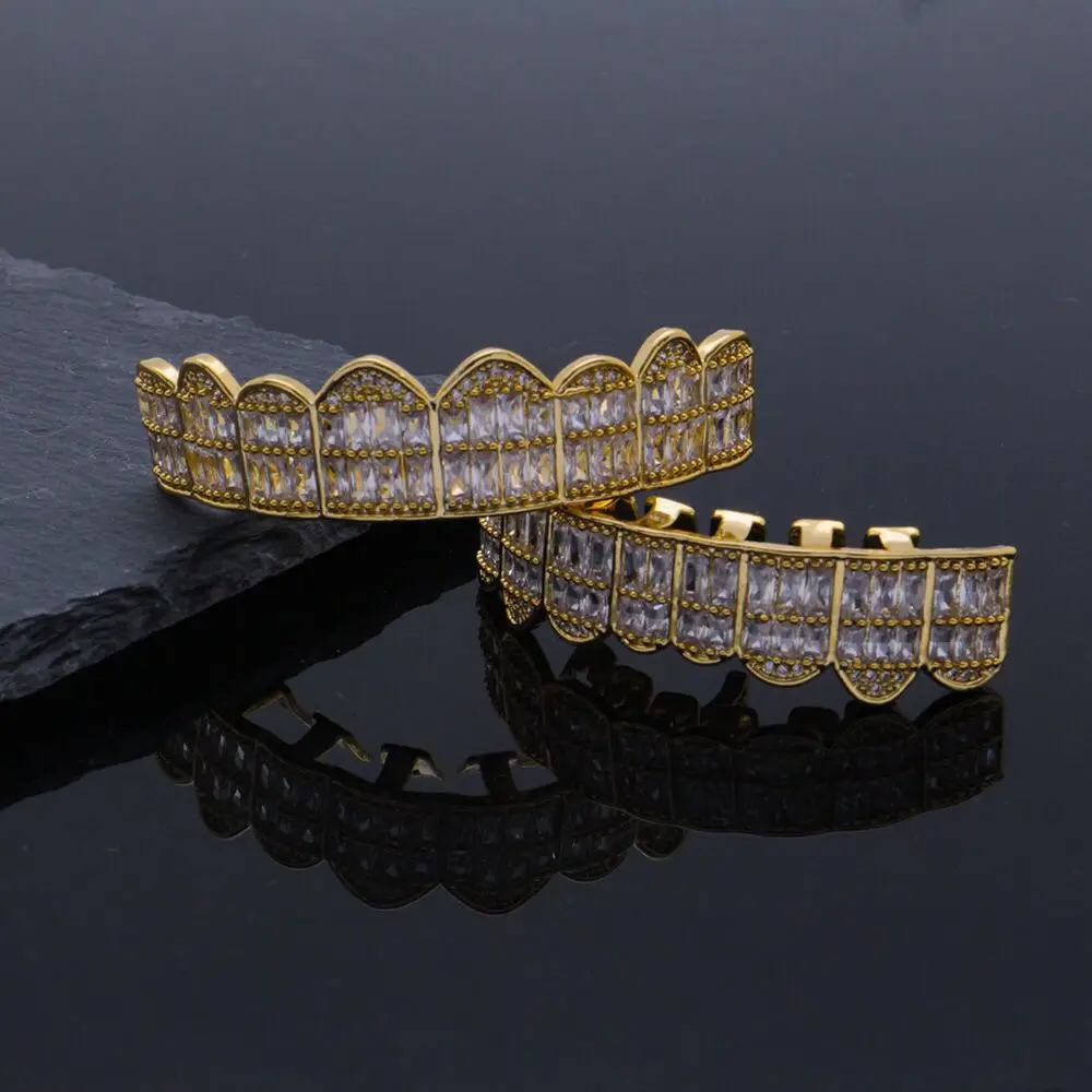 Shining Hip Hop Grillz Iced Out CZ Fang Mouth teeth grills Caps Top &amp Bottom tooth Set Men Women |