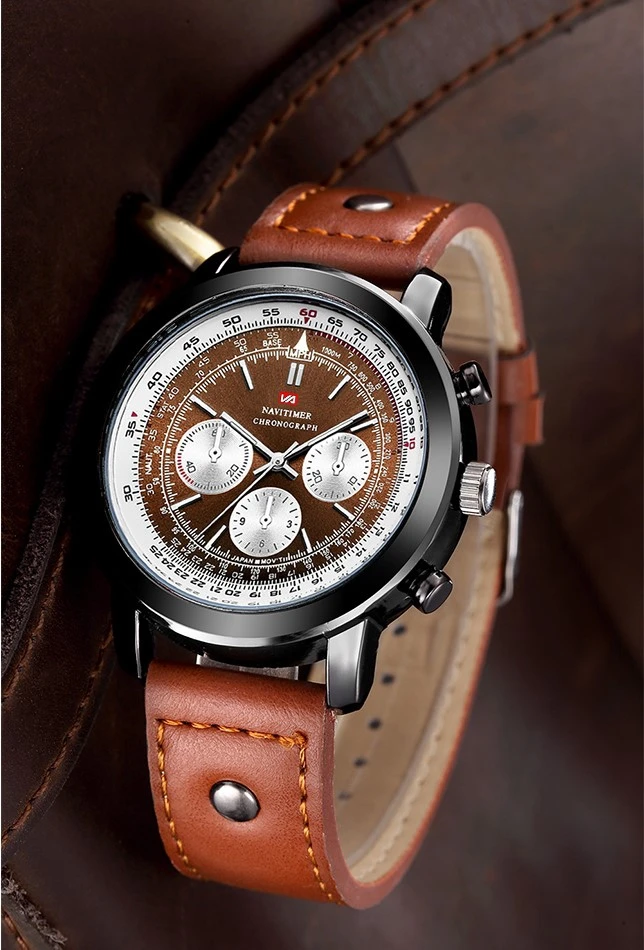 Airplane Sports Military Blue Dial Pilot Calendar Men Wristwatch Chronograph Fashion Casual Brand Army Brown Leather Watches