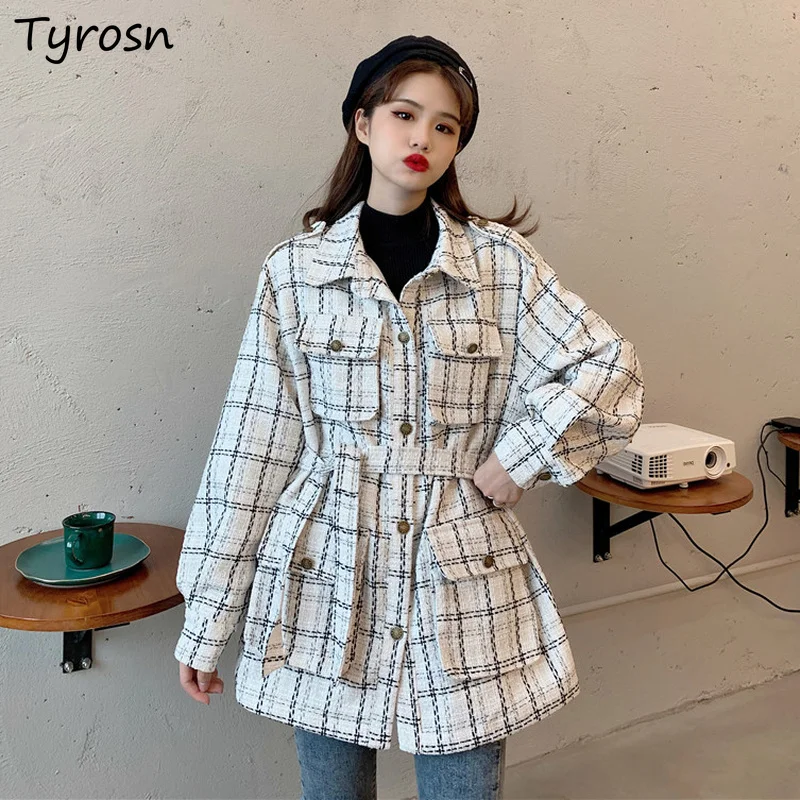 

Women Wool Blends Gentle Design Plaid Woolen Outwear Elegant High Street Retro Sashes Button Up Coats Mujer Chic Hong Kong Style