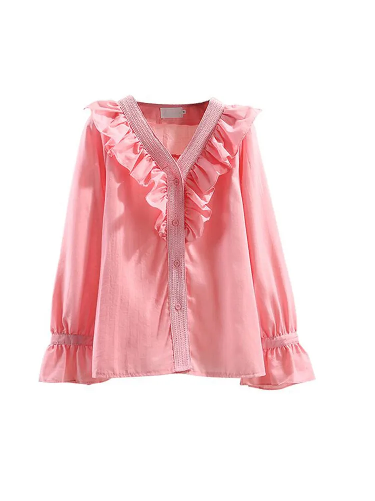 Женская блузка с длинным рукавом и оборками весна-осень | одежда