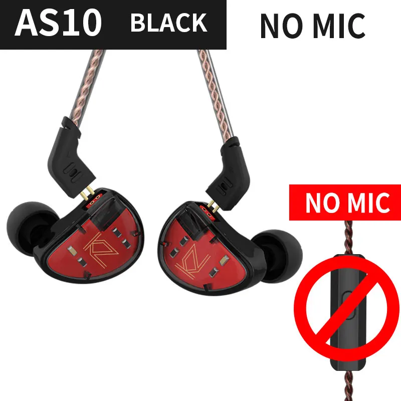 black no mic Плотным верхним ворсом KZ AS10 5BA вкладыши наушники гарнитура 5 излучателю с уравновешенным якорем монитор наушники с 0,75 мм 2 контактный кабель BA10 - Цвет: black no mic