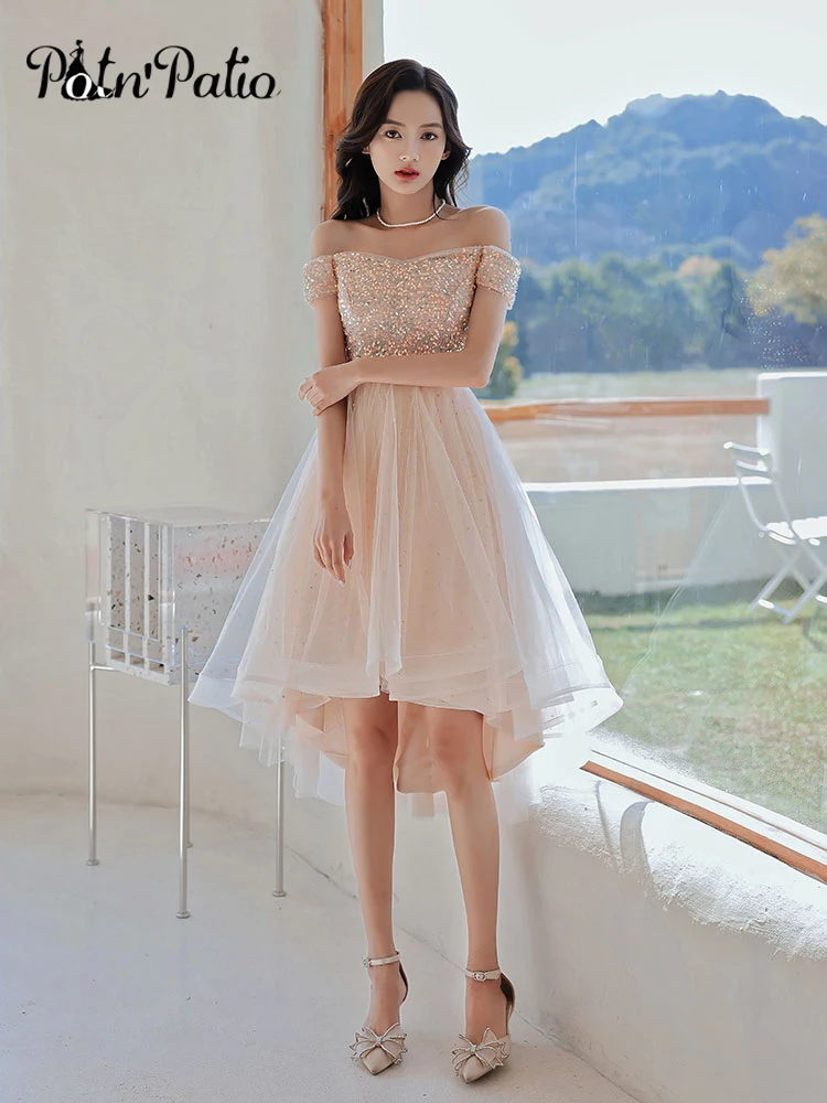 

Элегантные короткие платья с открытыми плечами для выпускного вечера 2021 цвета шампанского из тюля с блестками цвета шампанского Высокие Ни...