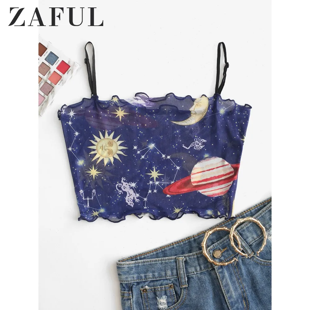 ZAFUL Sun And Moon Lettuce Trim Mesh Cami Top See Through Tank Sexy Sheer Women'S Spaghetti Strap Celestial Short | Женская одежда