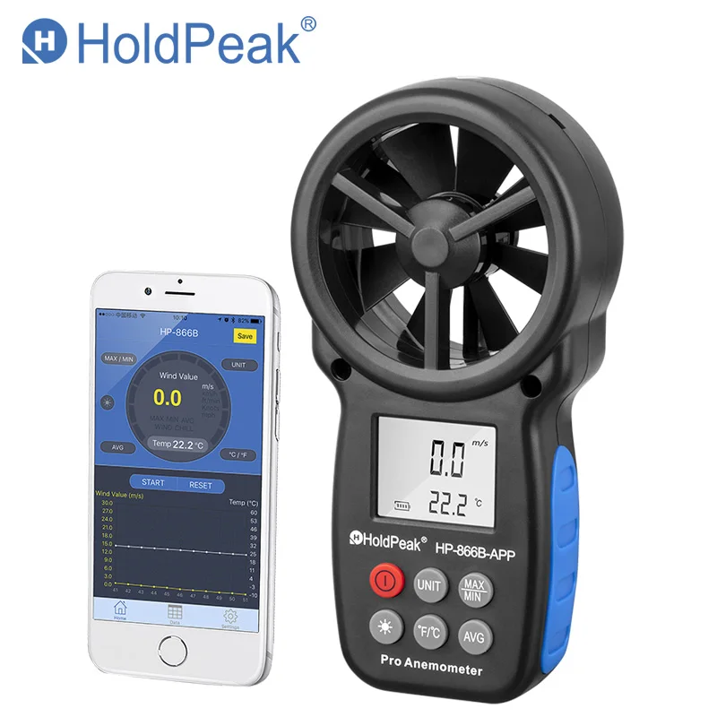 Цифровой анемометр HoldPeak HP-866B-APP 0 3 ~ 30 м/с с мобильным приложением измеритель