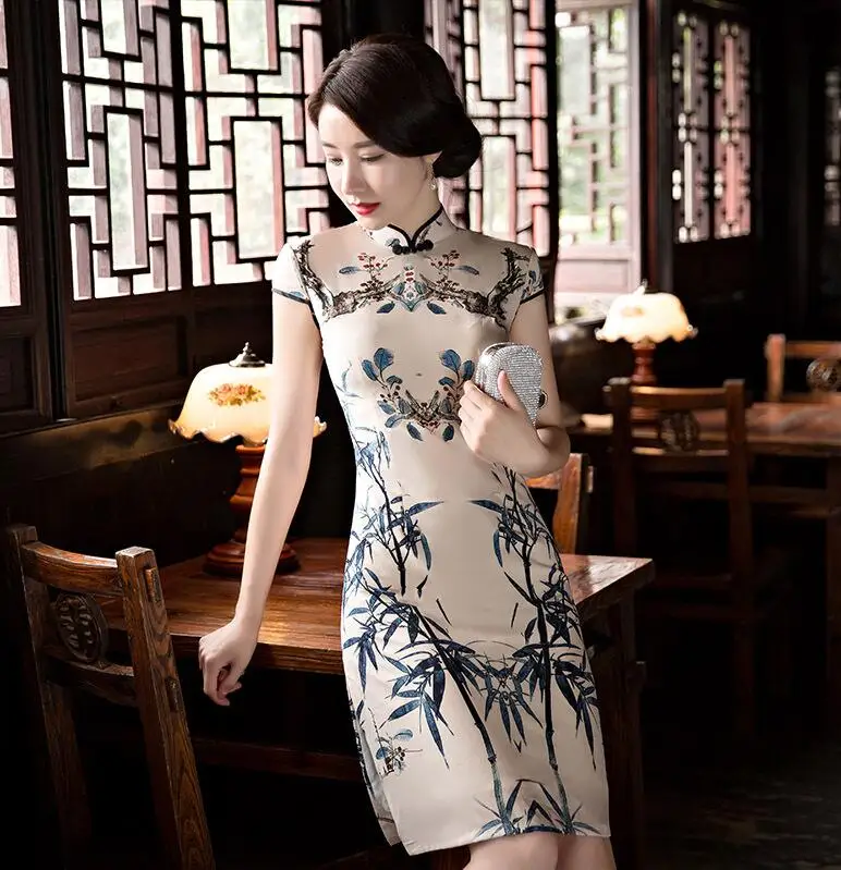 Новое поступление, платье в китайском стиле, женское, тонкое, короткое, Qipao, воротник-стойка, короткий рукав, Cheongsam, Размеры M, L, XL, XXL, 3XL - Цвет: D