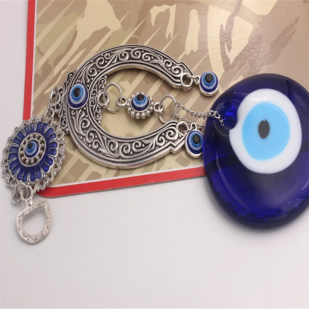 

1PC Big Horseshoe Turkey Blue Glass Flower Evil Eye Wall Hanging Drop Indoor Home Decoration