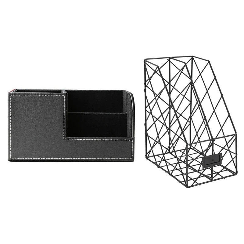 

1 Pcs PU Leather Desk Stationery Box with 3 Divided Storage Compartments & 1 Pcs Wrought Iron Desktop File Rack