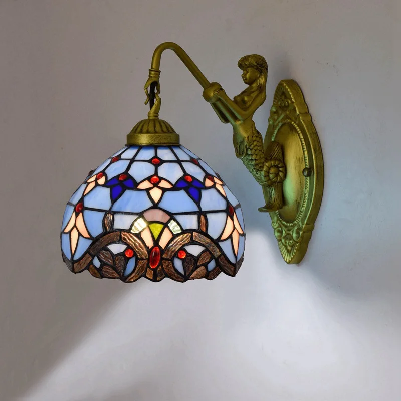 

Винтажный Настенный Светильник Тиффани в Европейском стиле, стеклянная лампа синего цвета в средиземноморском стиле для гостиной, столово...