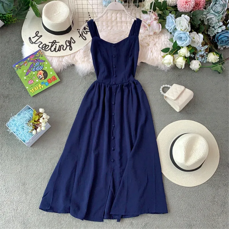 

Solid A-line 2020 Summer Dress Women Bohemian Vintage Button Long Dresses Pleated Stretch Slim Lady Vestidos 12153
