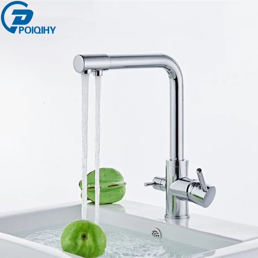 

Chrome Purified Water Kitchen Faucet Pure Water Filter Deck Mounted Faucet Crane Dual Handles Hot Cold Water Mixer Taps