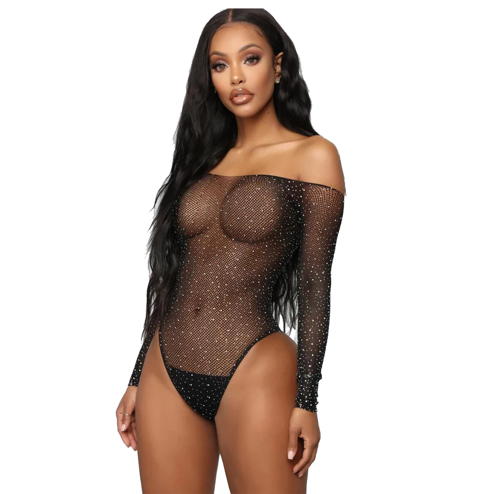 

Glitter Erotic lingerie Mesh Sexy Transparent Body Women Overalls Longsleeves Bodycon Ladies Lace Erotic lingerie HB208