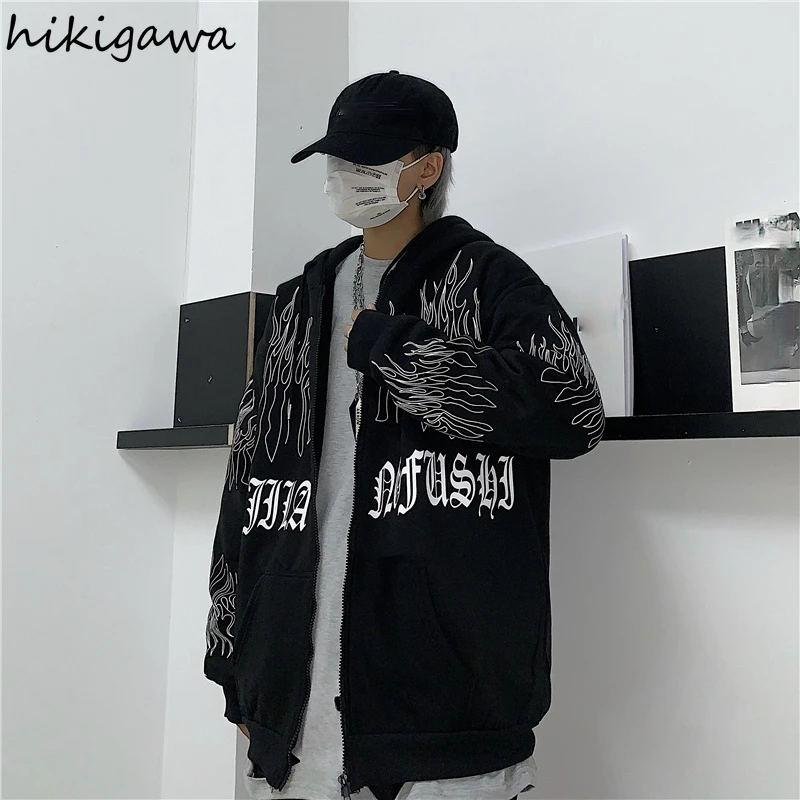 

Hikigawa Korean Coats Women Clothing Men Tops Plus Size Black Jacket Zip Up Harajuku Hip Hop Mujer Chaqueta Long Sleeve Coat