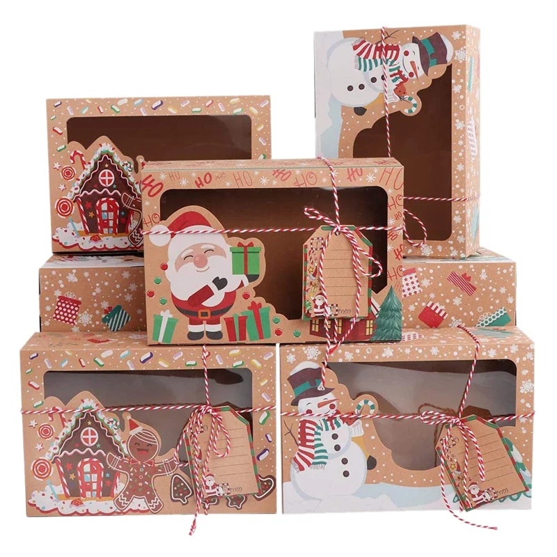 

Лидер продаж, 12 упаковок, рождественские подарочные коробки для печенья с окошком и бирками, коробки для кексов из крафт-бумаги, для подарка,...