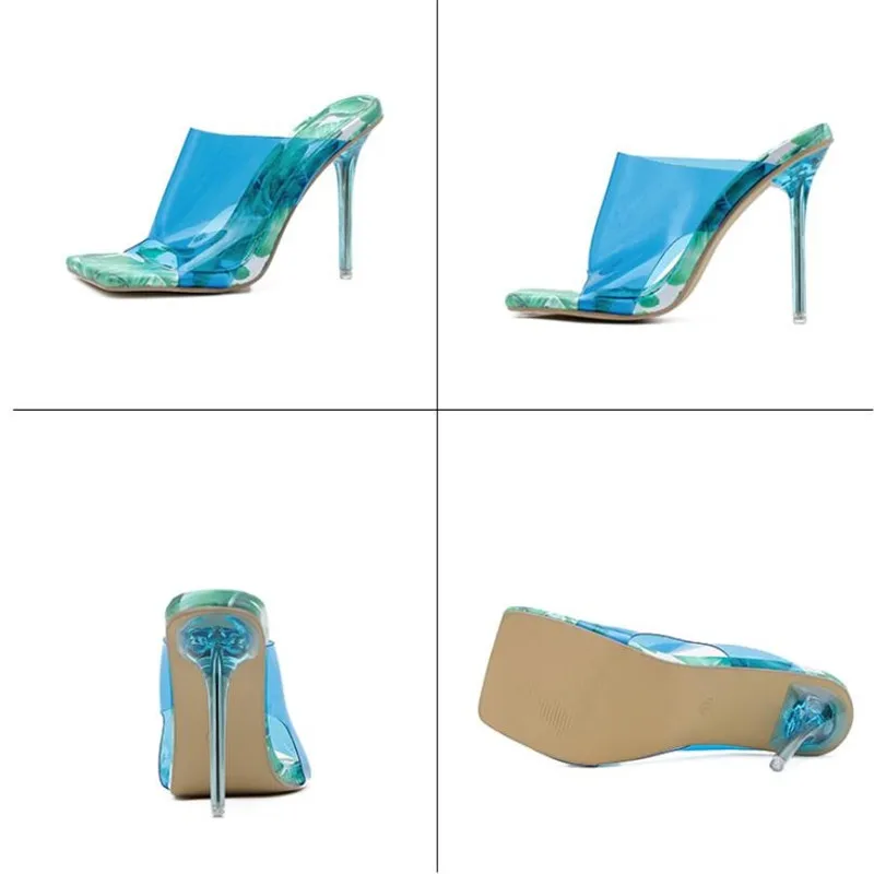 

BAYUXSHUO New Summer Women Mules Square Toe PVC High Heel Sandals Sexy Ladies Fetish Print Flower Party Shoes Woman