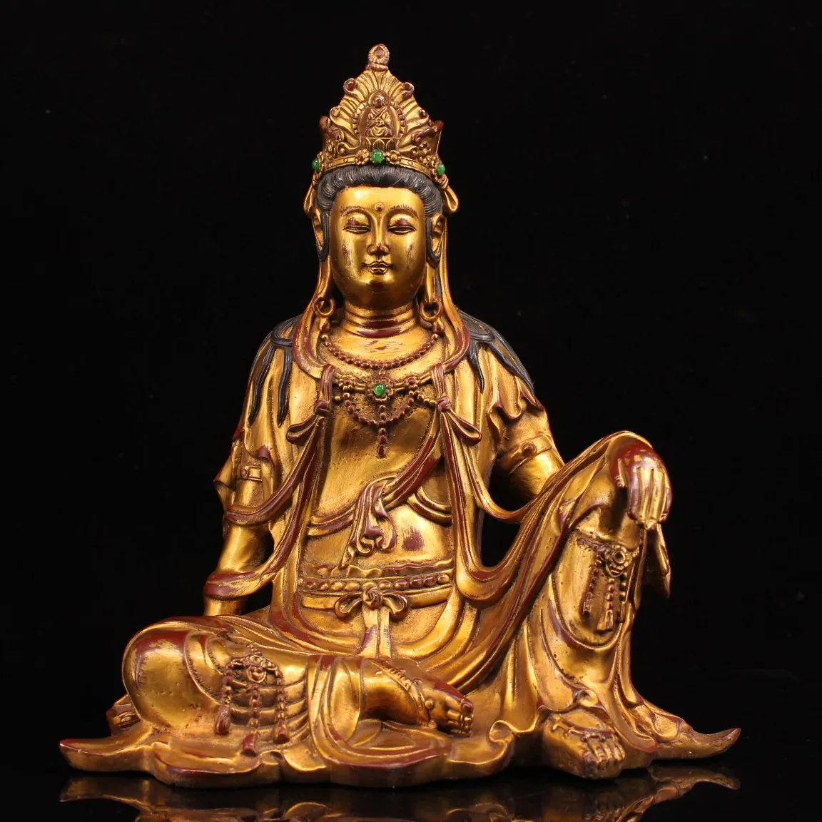 

13"Tibet Buddhism Old Bronze outline in gold Gem Free Avalokitesvara Sitting Guanyin Bodhisattva Statue Enshrine the Buddha