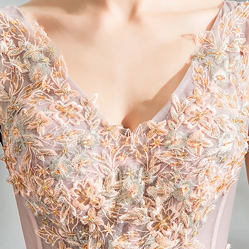 

Soybean Pink Luxury Evening Dress Illusion Beading Embroidery V-Neck Asymmetrical Lace Tulle Elegant Women Formal Dresses TS140