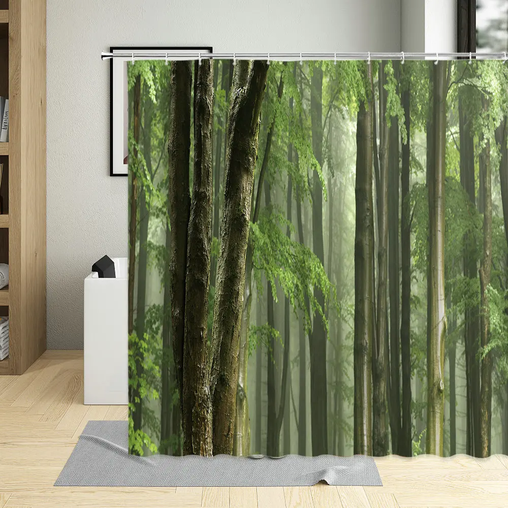 

Психоделические занавески для ванной комнаты с изображением зеленого леса, фантастический туман, пейзаж солнечного света, душевая занавес...