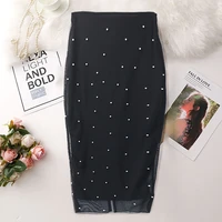 big size black pencil long skirt tulle soft stretch bodycon jupe with beaded slit vintage office ladies saias 2022 summer s xxl