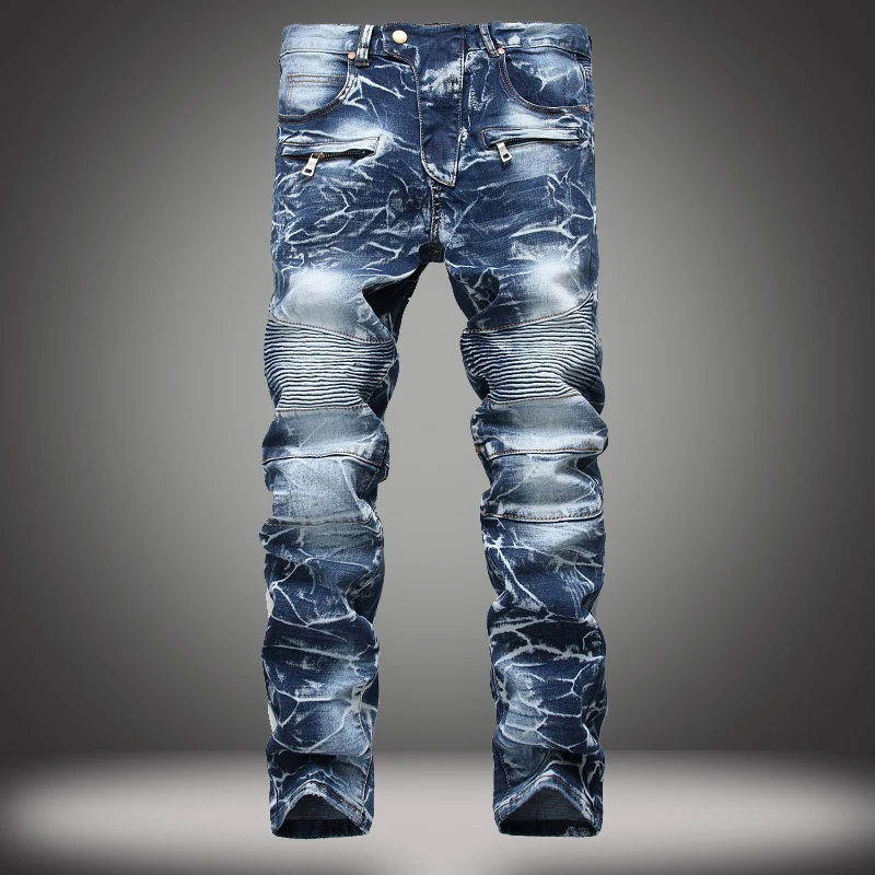 

Men's Blue Jeans Pants Washed Denim Pencil Pants Straight Motor Biker Trousers J46