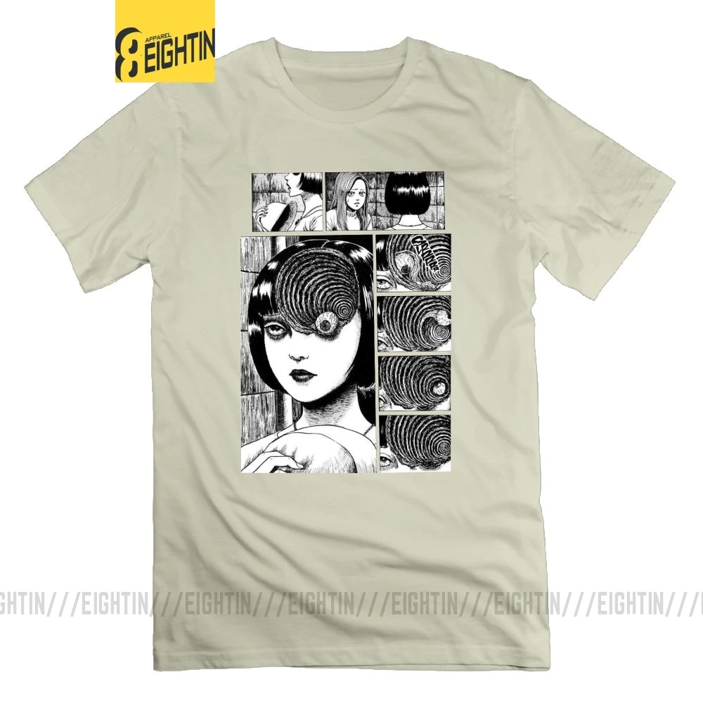 Uzumaki Junji Ito футболка ужас Футболка "Манга" короткий рукав мужские футболки хлопок черный фанки большой размер футболки с круглым вырезом - Цвет: Бежевый
