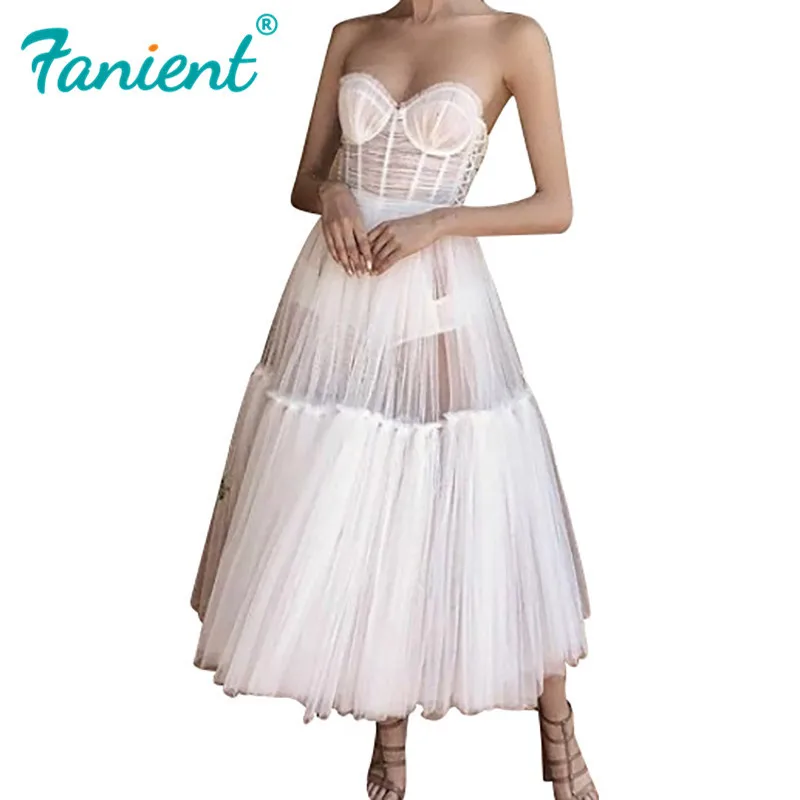 Белое вечернее платье с оборками Сетчатое сексуальное без бретелек женское