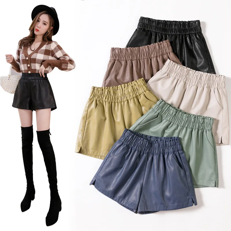 

Elastic High Waist Wide Leg Biker Shorts Autumn PU Leather Shorts Women Plus Size Femme Casual Ladies Shorts Black