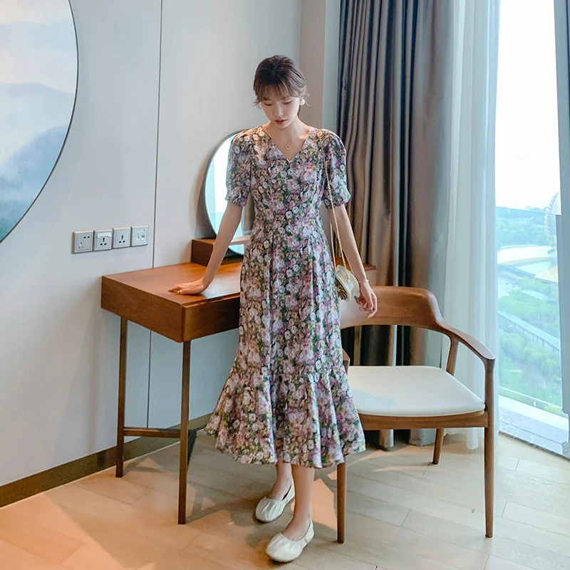 Женское шифоновое платье-миди с цветочным принтом и V-образным вырезом | Женская