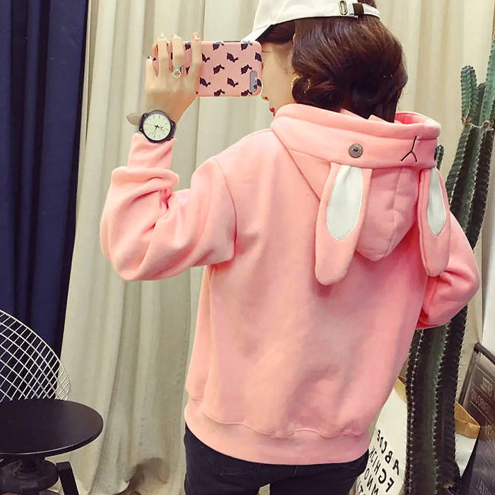Женские осенние толстовки с капюшоном кроличьими ушками карманами длинными
