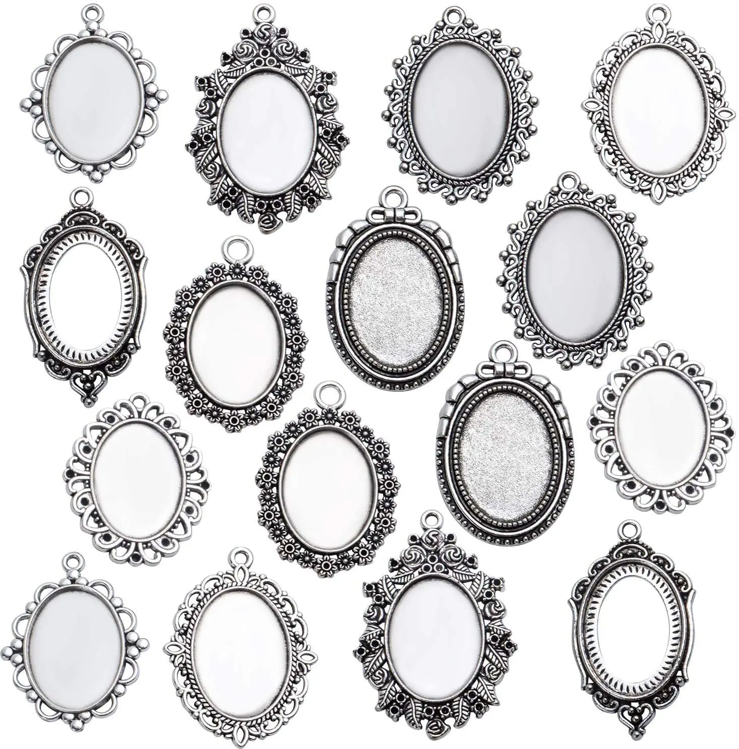 

16 Pieces Bezel Pendant Trays, 18x25mm Oval Pendant Trays Bezels Cabochon Settings Trays Pendant Blanks-8 Styles, Antique Silver