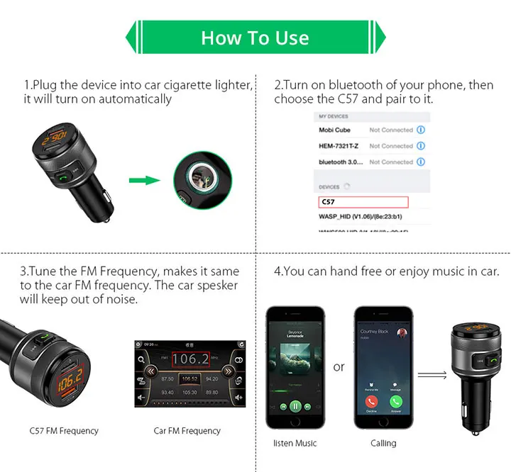 VANJEW C57 Быстрая зарядка 3,0 автомобильный Bluetooth fm-передатчик с двумя usb-портами автомобильное зарядное устройство fm-модулятор MP3-плеер Автомобильная Зажигалка Handfree