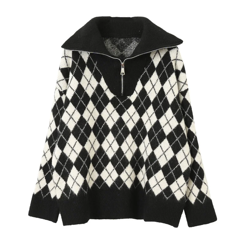 

Polo Collar Women Zipper Sweater 2021 Autumn Winter Turn Down Collar Plaid Loose Women Knit Sweater Female Pullovers Tops