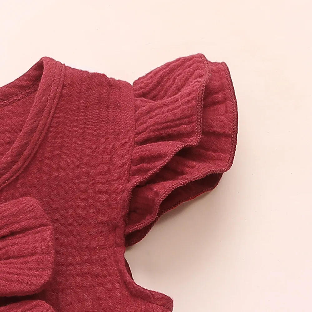 Летнее льняное платье для девочек с оборками круглым вырезом и пышными рукавами