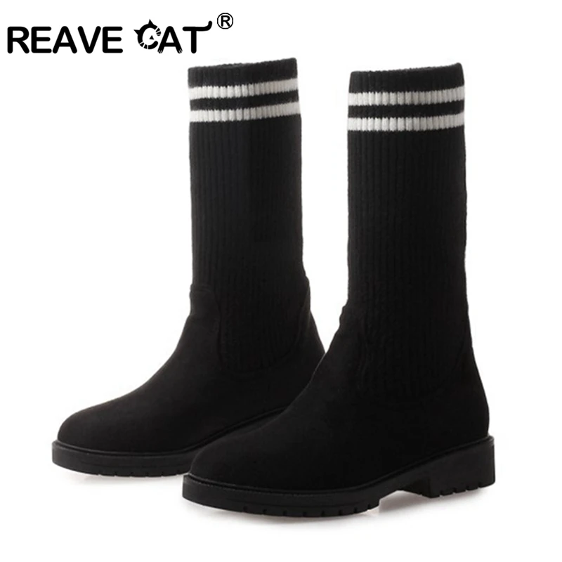 

REAVE CAT Woman Boots Long Tube Socks Shoes 2021 New Female Fashion Flat Shoes for Women Basket Winter Boots Female Shoes Women