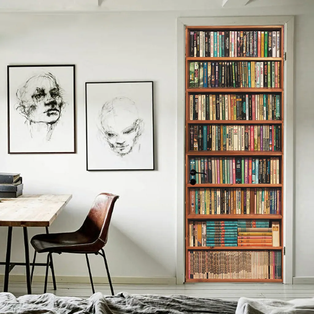 Пвх дверная наклейка винтажная деревянная книжная полка барная стойка настенные