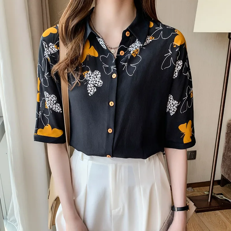 

COIGARSAM Office Lady Floral Print Shirt Womens tops New Summer Women shirts Black 8392