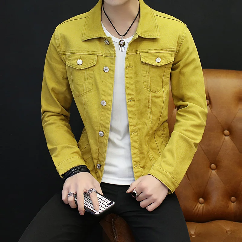 Мужская Осенняя джинсовая куртка однотонная облегающая однобортная с отложным