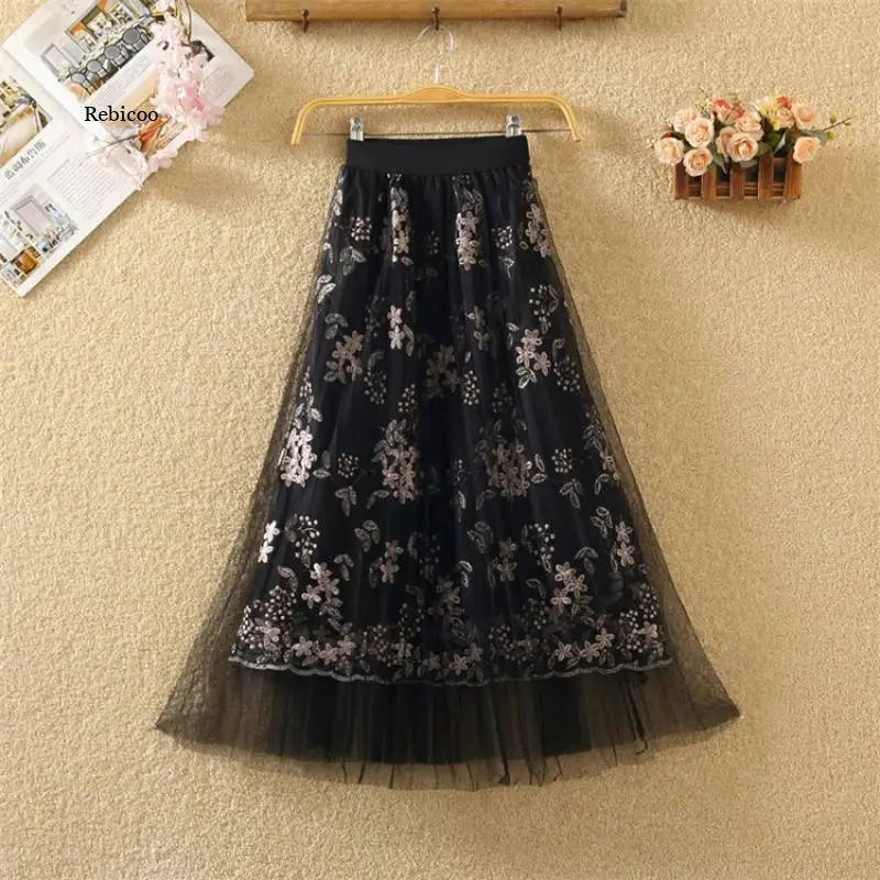

Floral Embroidery A-line Tutu Lace Mesh Skirt Women Elegant Tulle Long Pleated Skirt Women Midi Skirt Summer Hot Sale