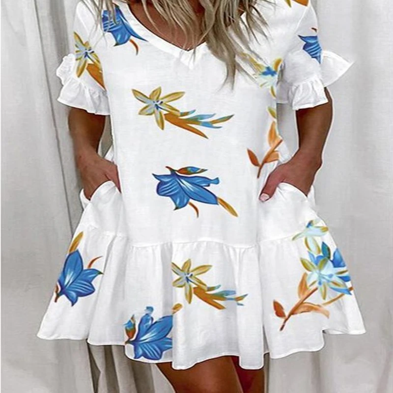 

Summer Dress Women Robe Femme A-Line Dresses Ruffle Pockets V-Neck Butterfly Sleeve Loose Mini Dress For Woman Vestido De Mujer