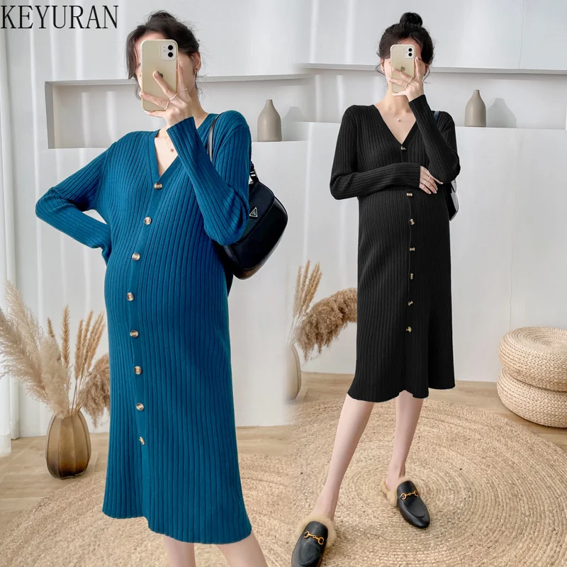 

Knitted Warm Maternity Clothes Dresses Pregnancy Autumn and Winter V-neck Straight Long Sweater Base Dress for Pregnant Women