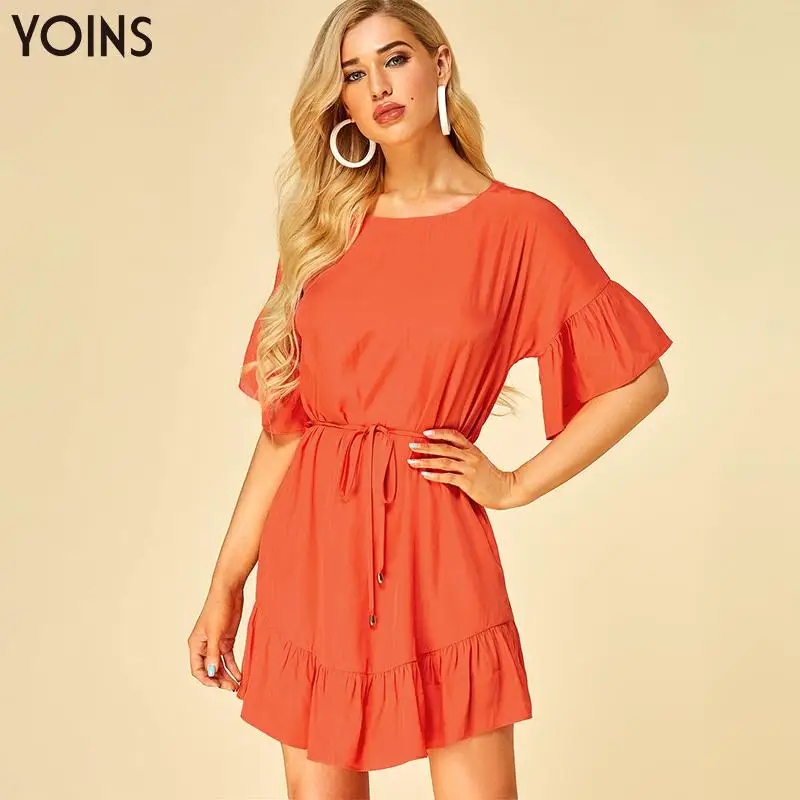 YOINS/2019 летнее и осеннее женское платье модное оранжевое на шнуровке с круглым