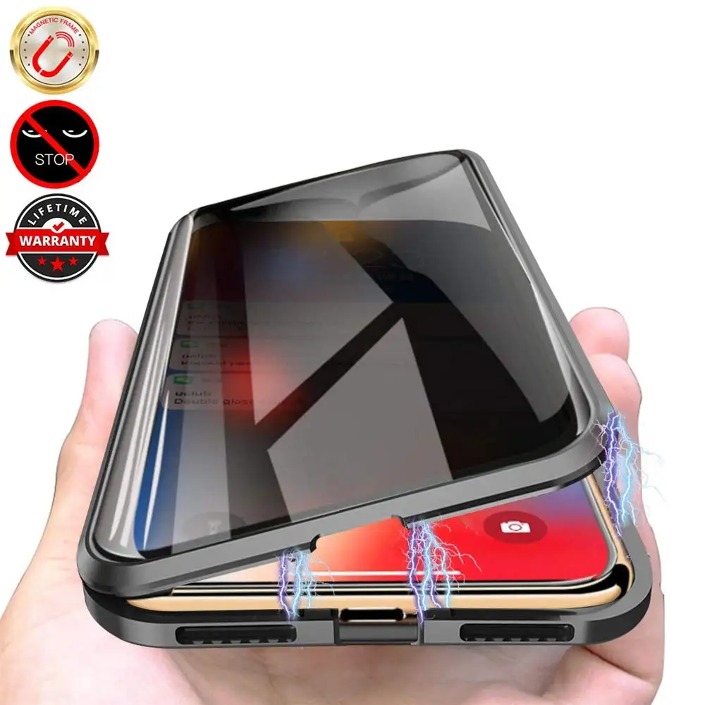 

New Magnetic Tempered Glass Privacy Metal Phone Case For iPhone X XR XS 11Pro MAX 6 7 8 Plus Protective Phone Cover