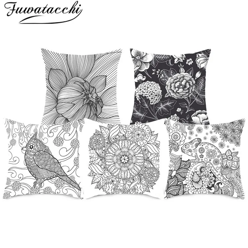 

Fuwatacchi Gray White Flower Cushion Cover Sketches Floral Picture Throw Pillowcases for Home Sofa Car Decorative Pillow Covers