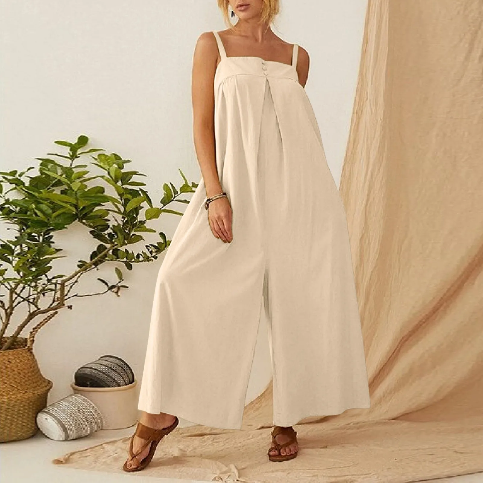 

Fashion Summer Jumpsuit Women Casual Solid Romper Fold Long Playsuit Strap Button Jumpsuit combinaison femme