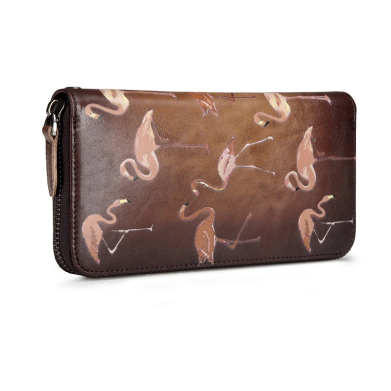 Длинный клатч из натуральной кожи удобная сумочка на молнии с принтом фламинго