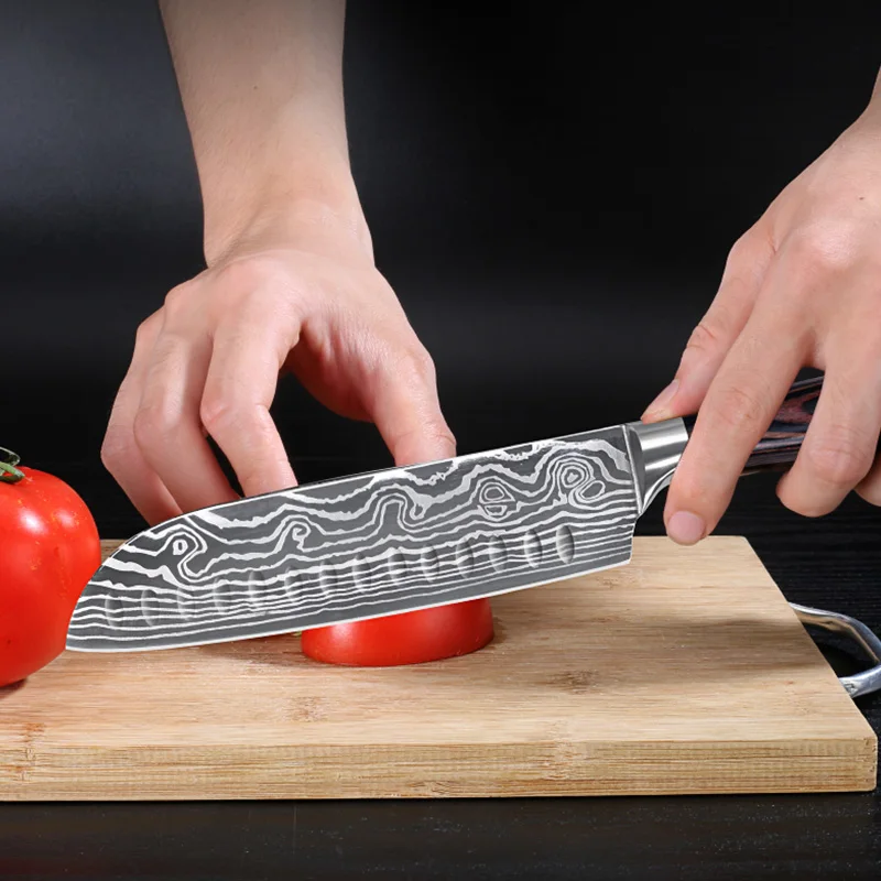 Кухонный нож из дамасской стали японский шеф-нож сантоку с лазерным узором для