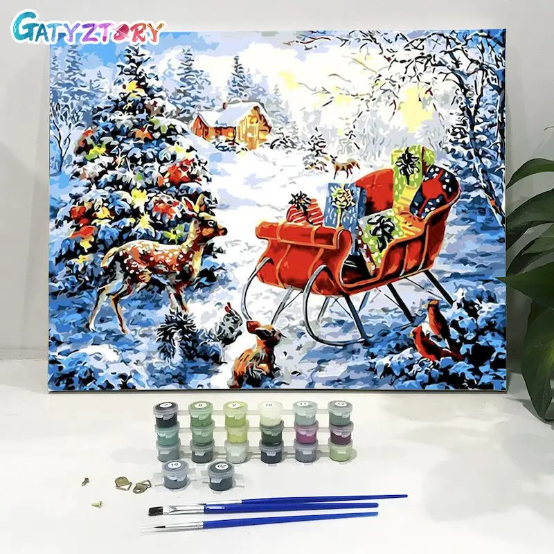 

Gatyztory Christmas Gift DIY Painting By Numbers Santa Deer Snowman Handpainted Oil Painting Canvas Colouring