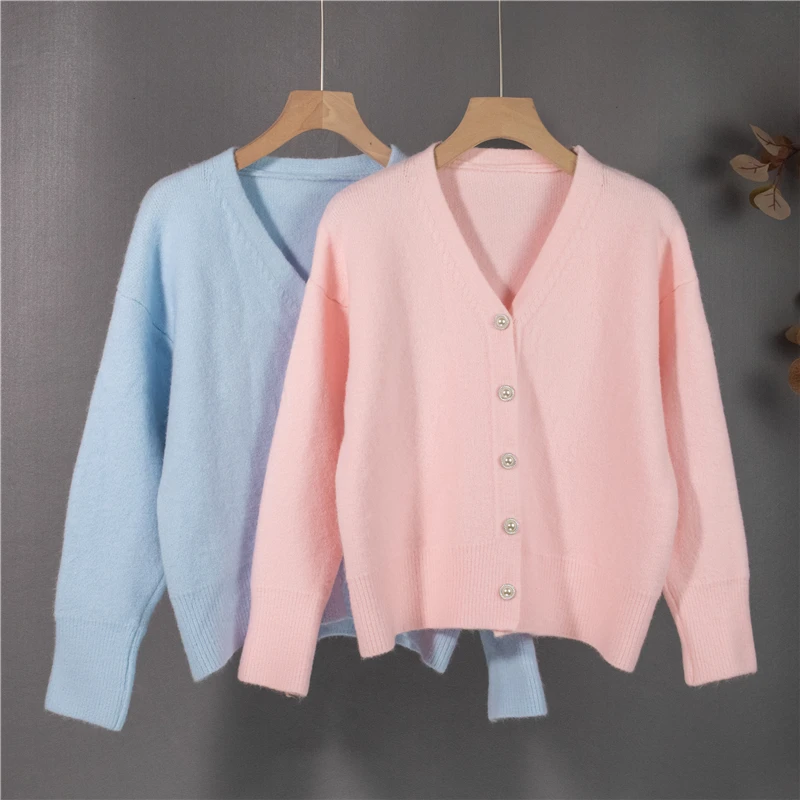 

Женский трикотажный кардиган Limiguyue, розовый или синий однобортный винтажный свитер с V-образным вырезом и длинным рукавом, K2579, Осень-зима